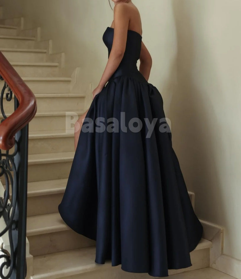 ED0105 Classic Navy Strapless A-Line Pleated Evening Dress Formal Gown