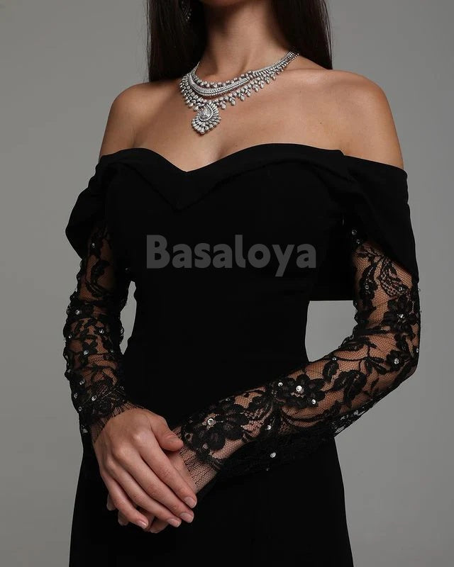 ED0109 Classic Black Long Sleeves Sweetheart Beaded Evening Dress
