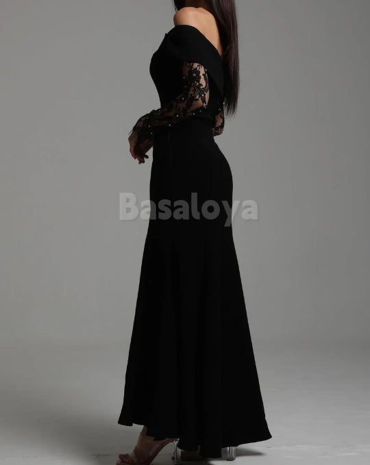 ED0109 Classic Black Long Sleeves Sweetheart Beaded Evening Dress