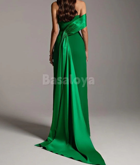 ED0110 Simple Green One Shoulder Sheath Satin Evening Formal Gown