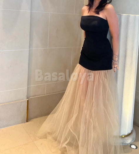 SP0119 Elegant Black Tube Top Mermaid Pleats Lace Prom Dress Formal Gown
