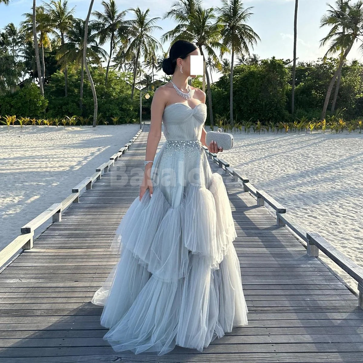 SP0120 Graceful Gray Crystal Sweetheart A-Line Tiered Lace Prom Dress