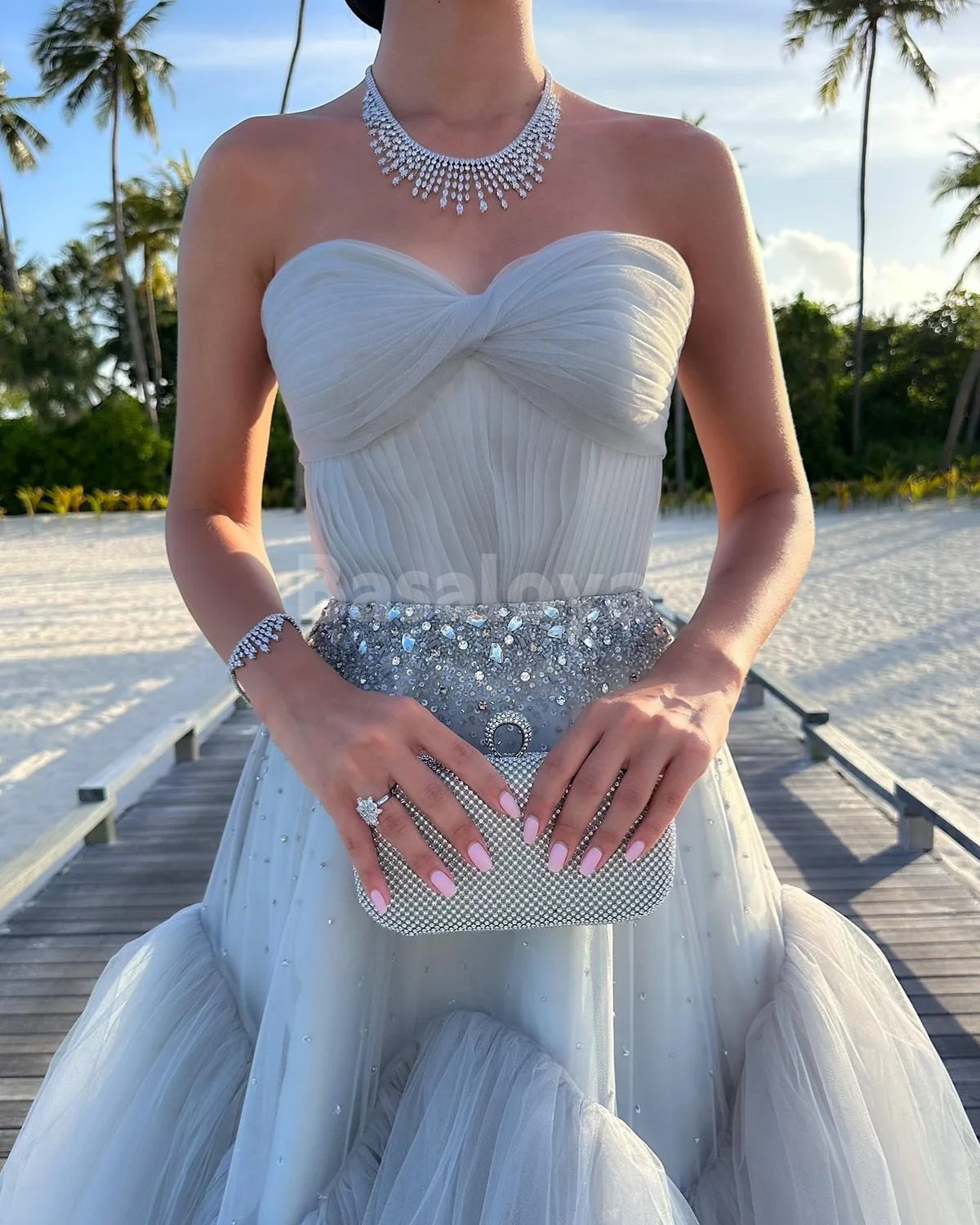 SP0120 Graceful Gray Crystal Sweetheart A-Line Tiered Lace Prom Dress