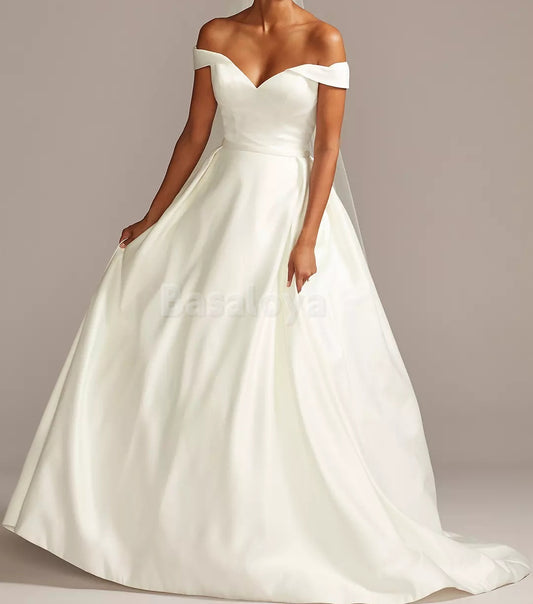 WD0002 Classic Off-Shoulder A-Line Satin Wedding Gown with Overskirt