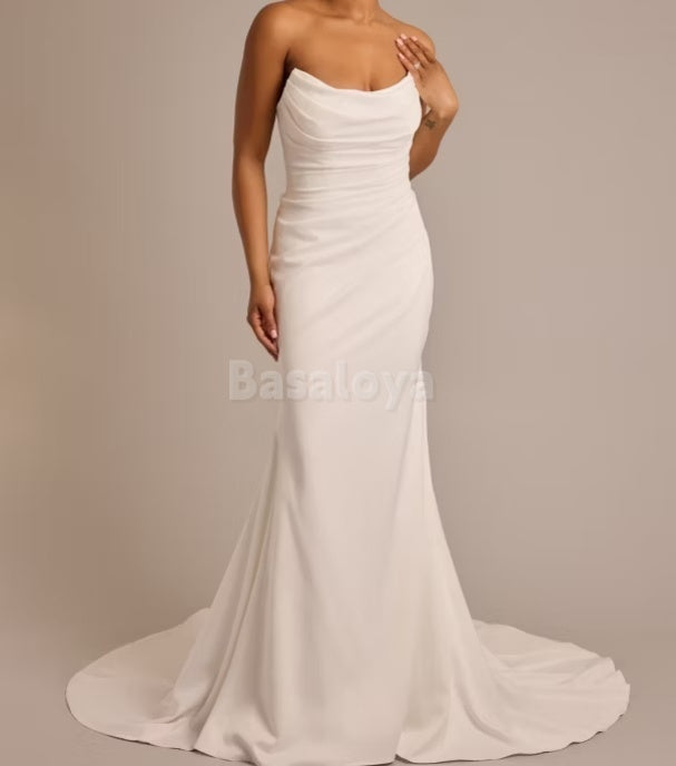 WD0001 Elegant Tube Top Mermaid Ruched Wedding Dress with Train