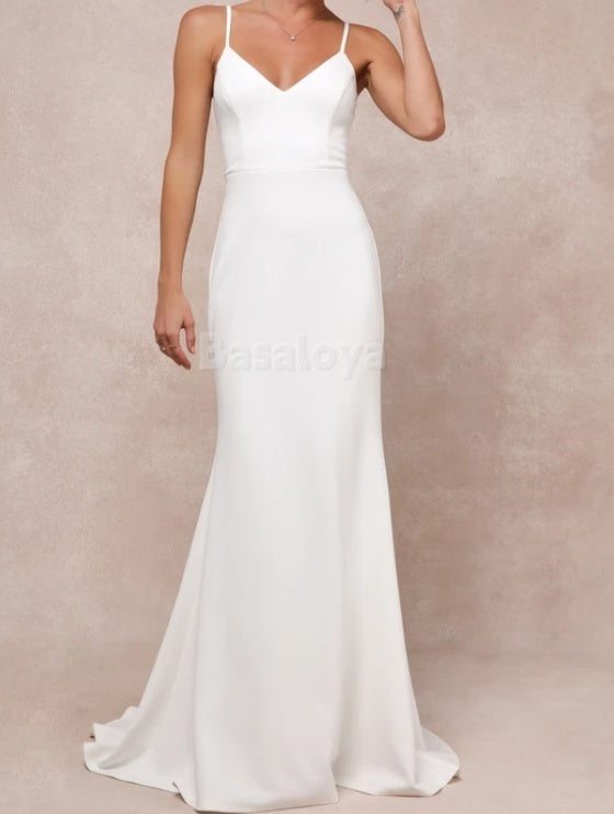 WD0009 Simple V-Neck Straps Mermaid Boho Wedding Dress Bridal Gown