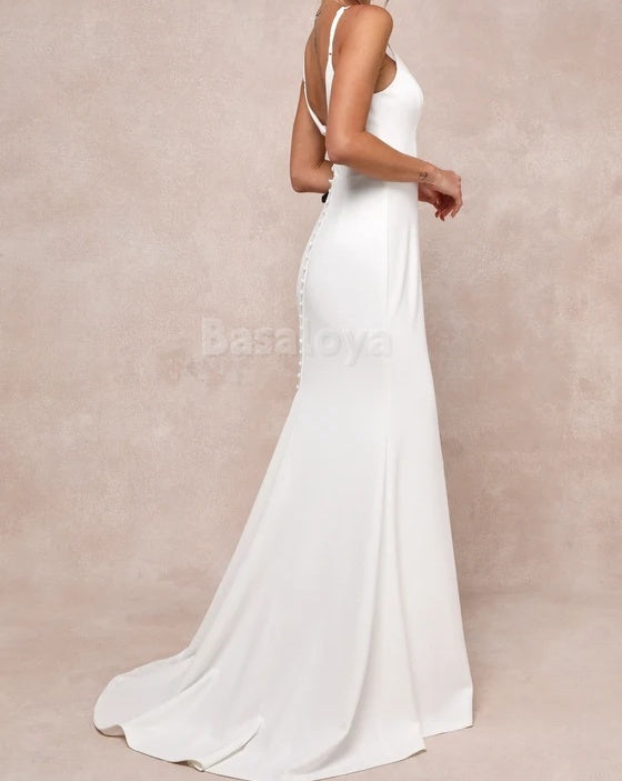 WD0009 Simple V-Neck Straps Mermaid Boho Wedding Dress Bridal Gown