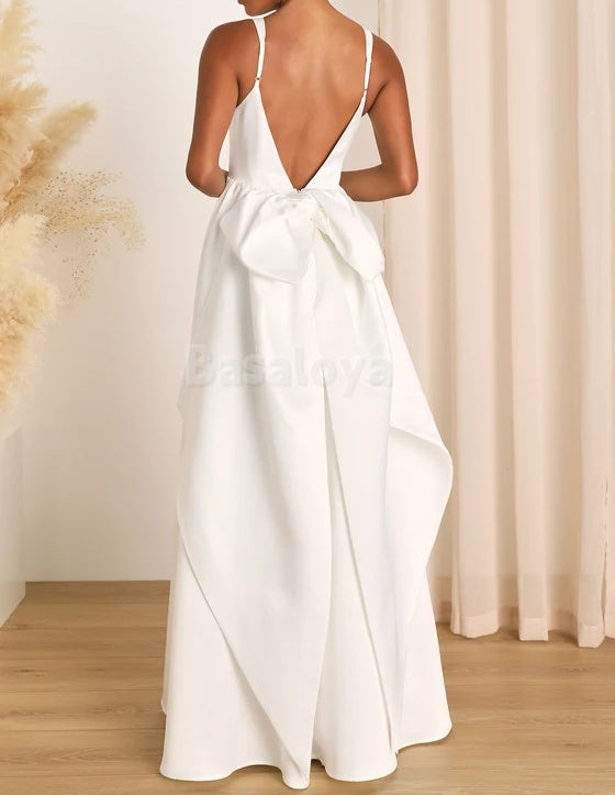 WD0012 Chic A-Line V-Neck Sleeveless Bow Beach Wedding Dress with Slit