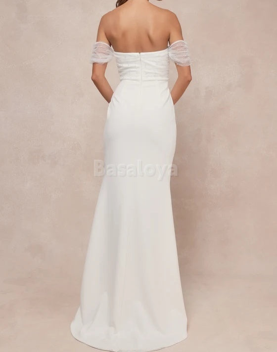 WD0013 Romantic Pearls Off-Shoulder Bodycon Wedding Dress with Slit