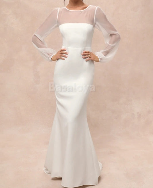 WD0016 Classic Long Sleeves Scoop Neck Mermaid Wedding Gown