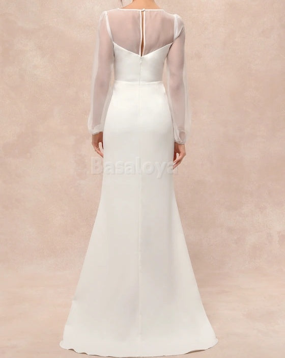 WD0016 Classic Long Sleeves Scoop Neck Mermaid Wedding Gown