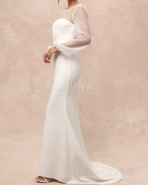 WD0016 Classic Long Sleeves Scoop Neck Mermaid Wedding Gown