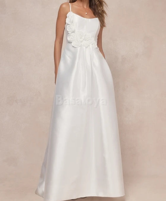 WD0017 Romantic 3D Floral Spaghetti Straps A-Line Satin Wedding Dress