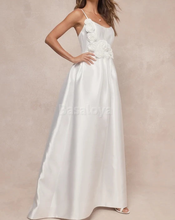 WD0017 Romantic 3D Floral Spaghetti Straps A-Line Satin Wedding Dress