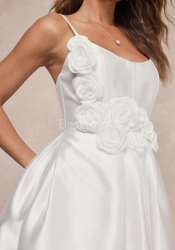 WD0017 Romantic 3D Floral Spaghetti Straps A-Line Satin Wedding Dress