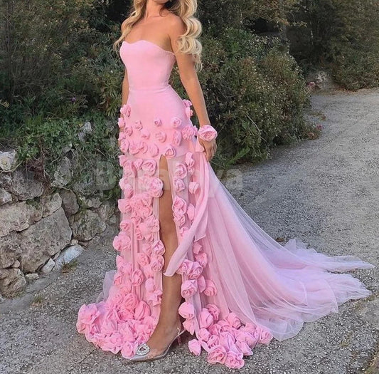 SP0129 Graceful 3D Floral Pink Sweetheart Mermaid Prom Dress with Slit