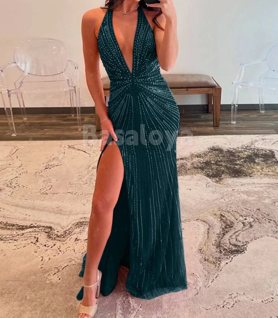 SP0131 Sexy Fuchsia Deep V-Neck Bodycon Long Prom Dress with Slit