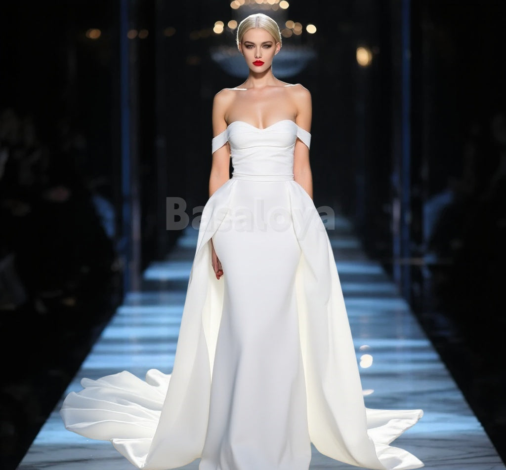 WD0026 Graceful Off Shoulder Mermaid Wedding Dress with Overskirt