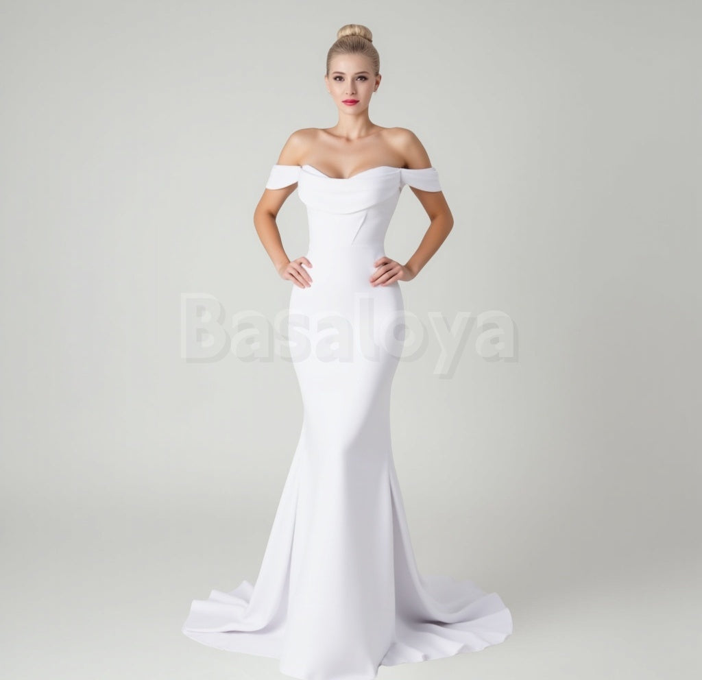 WD0031 Elegant White Off-Shoulder Mermaid Satin Wedding Dress with Train