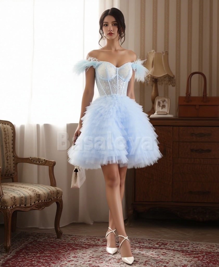 HM0097 Luxury Light Blue Feathers Off-Shoulder A-Line Tiered Party Gowns