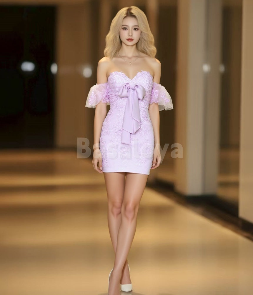 HM0114 Elegant Lilac Beaded Sweetheart Bodycon Applique Party Dress with Bow