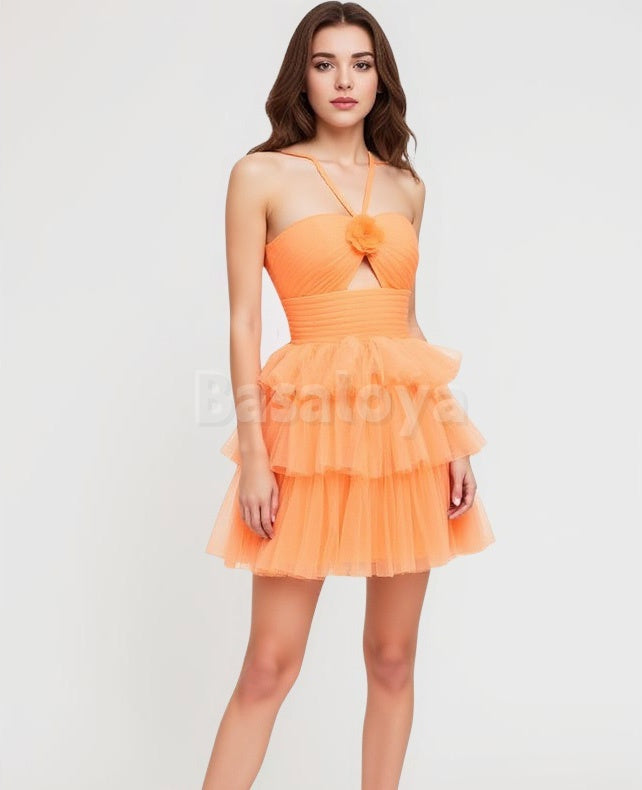 HM0116 Elegant 3D Floral Orange Halter Neck A-Line Tiered Homecoming Dress