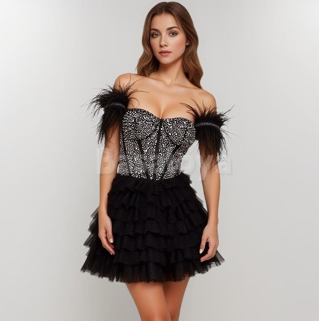 HM0118 Luxury Beaded Black Off Shoulder A-Line Homecoming Gown with Feather