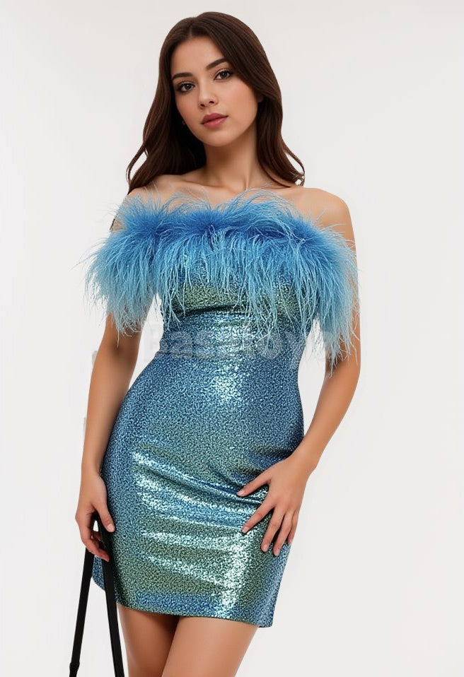 HM0143 Elegant Blue One Shoulder Sheath Sequins Party Gown with Feather