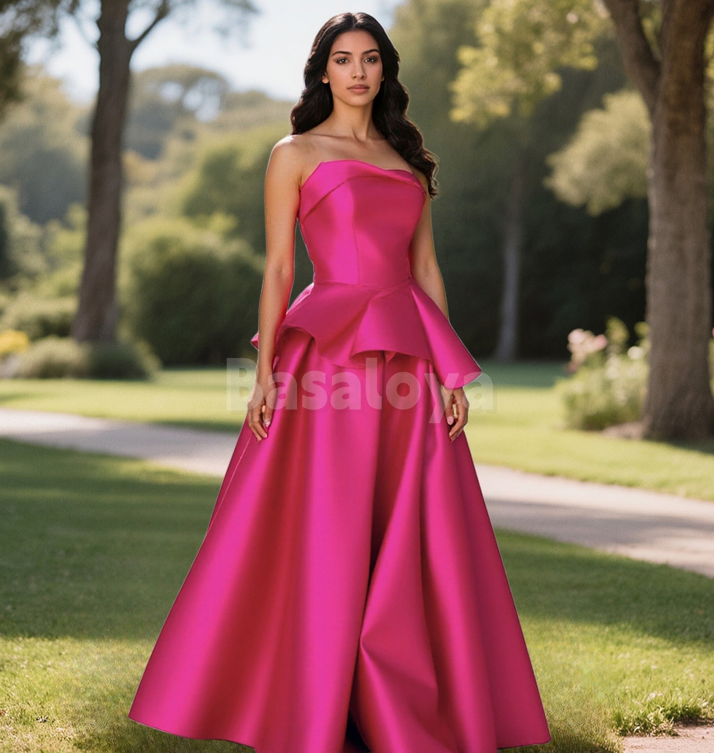 SP0084 Elegant Fuchsia Tube Top A-Line Pleated Satin Ball Gown Prom Dress