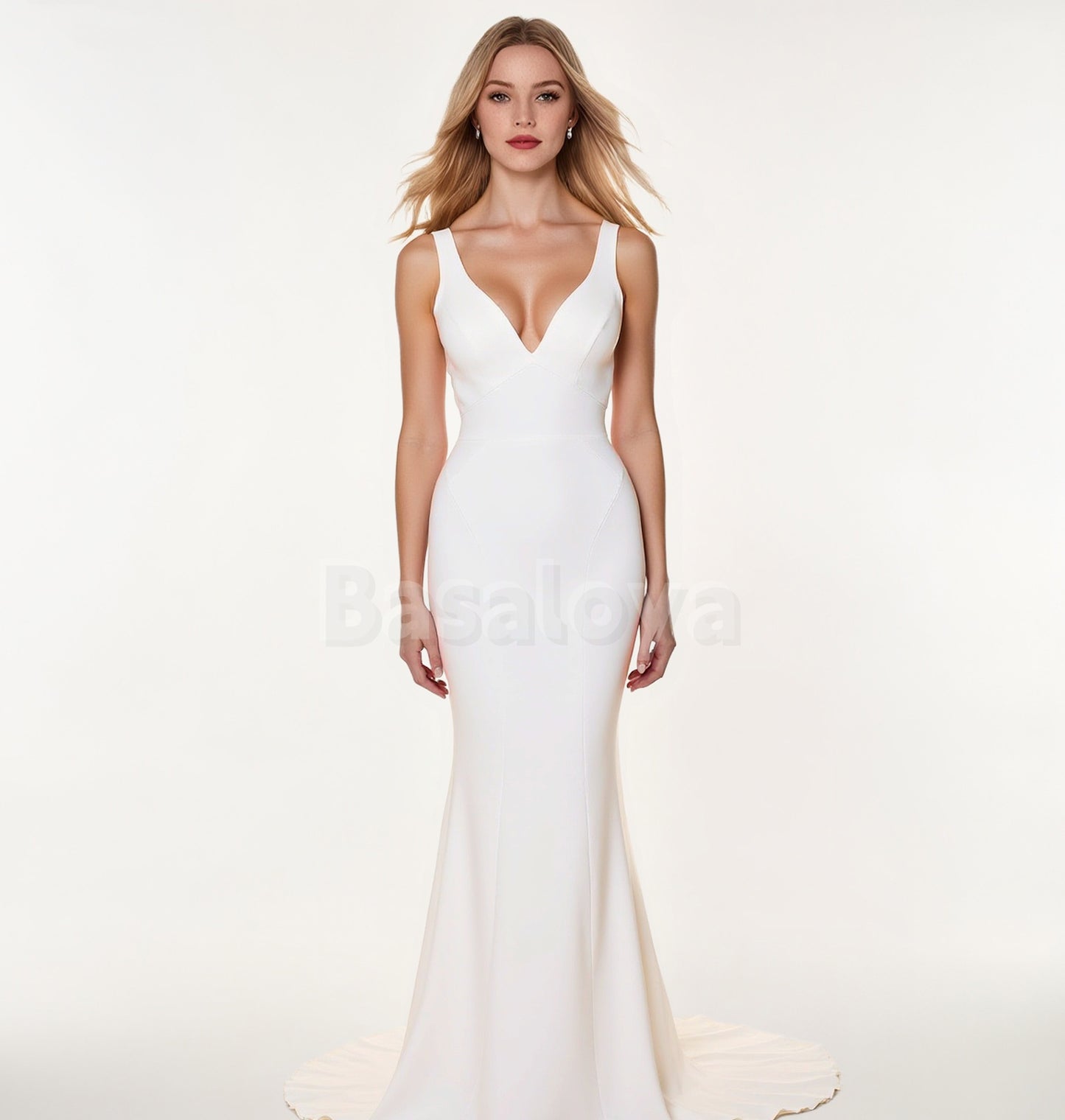 WD0084 Elegant White V-Neck Mermaid Backless Wedding Dress with Train