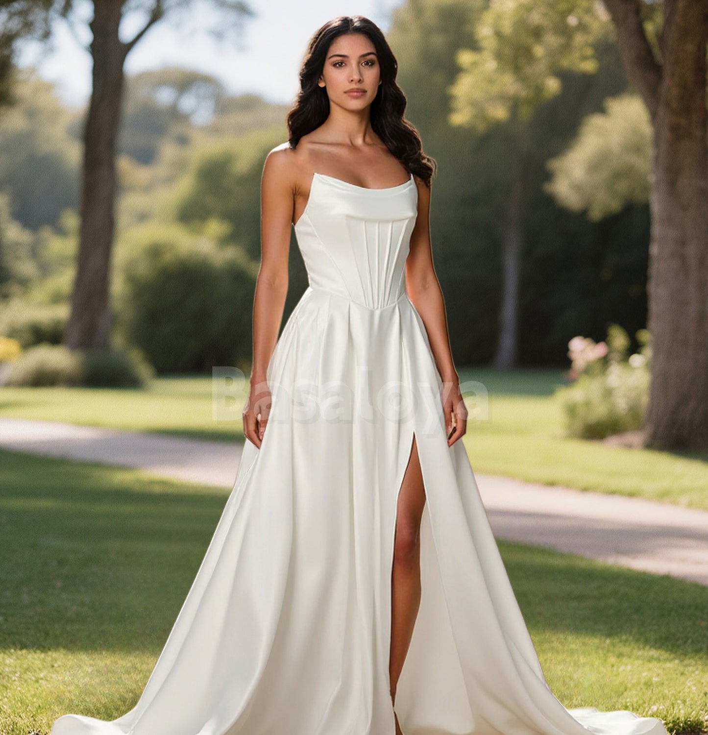 WD0088 Elegant White Strapless A-Line Side Slit Wedding Dress with Train