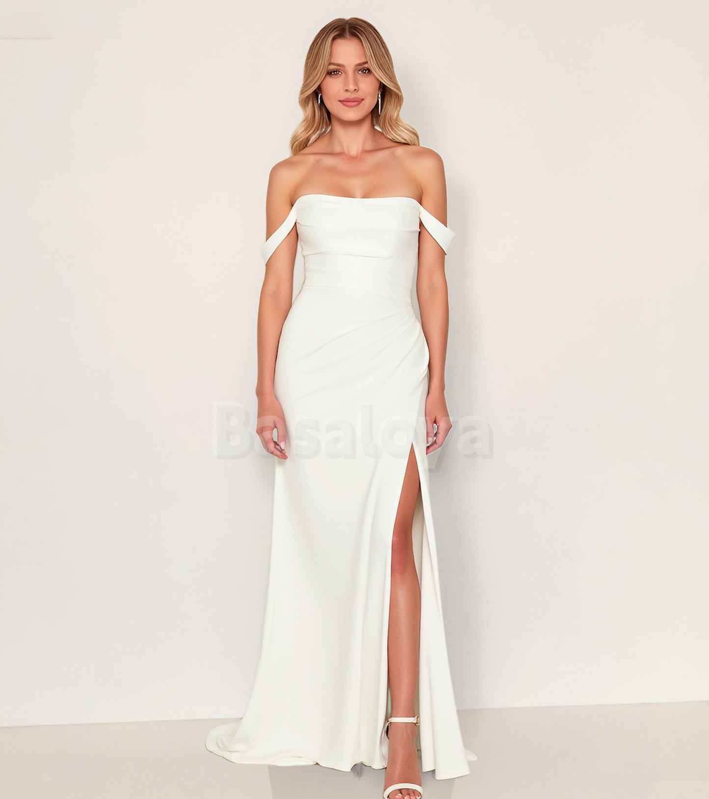 WD0089 Elegant White Off-Shoulder Sheath Pleats Wedding Dress with Slit