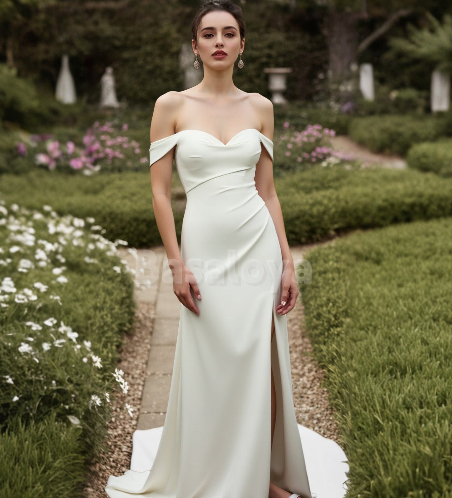 WD0090 Graceful White Off-Shoulder Sheath Side Slit Bridal Gown with Train