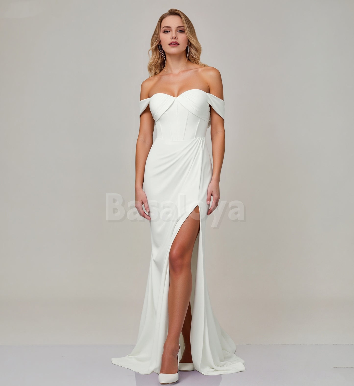 WD0095 Classic White Off-Shoulder Mermaid Pleats Wedding Gown with Slit