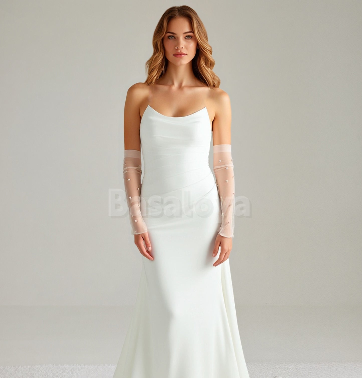 WD0100 Luxury White Strapless Mermaid Wedding Dress with Pearl Sleeves