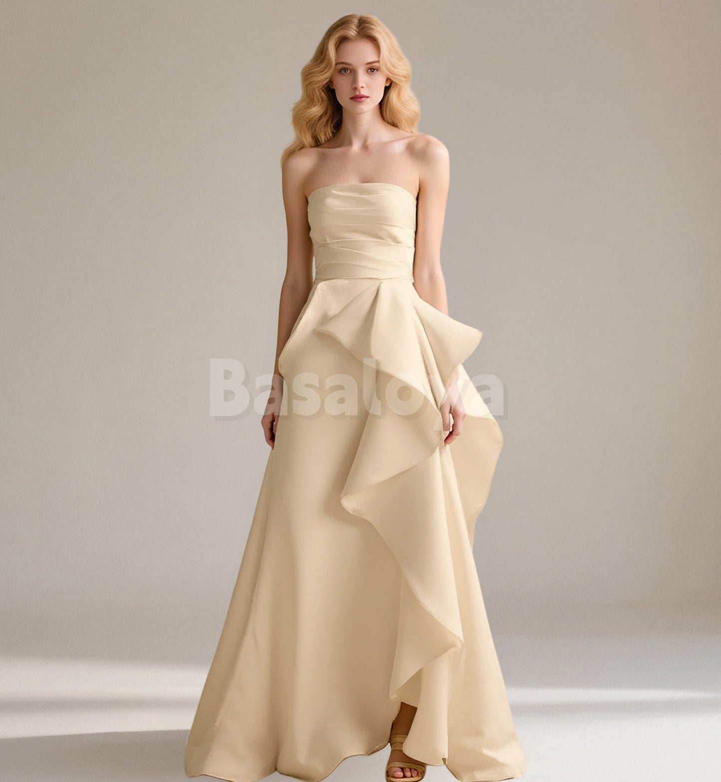SP0251 Elegant Beige Strapless A-Line Pleats Prom Dress Formal Gown with Slit