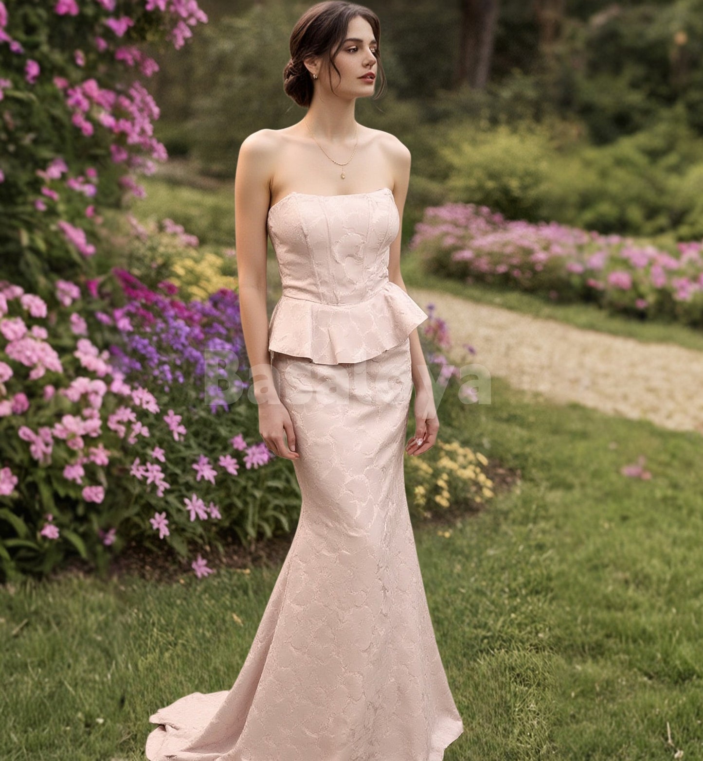 SP0260 Graceful Printed Pink Strapless Mermaid Long Prom Dress Party Gown