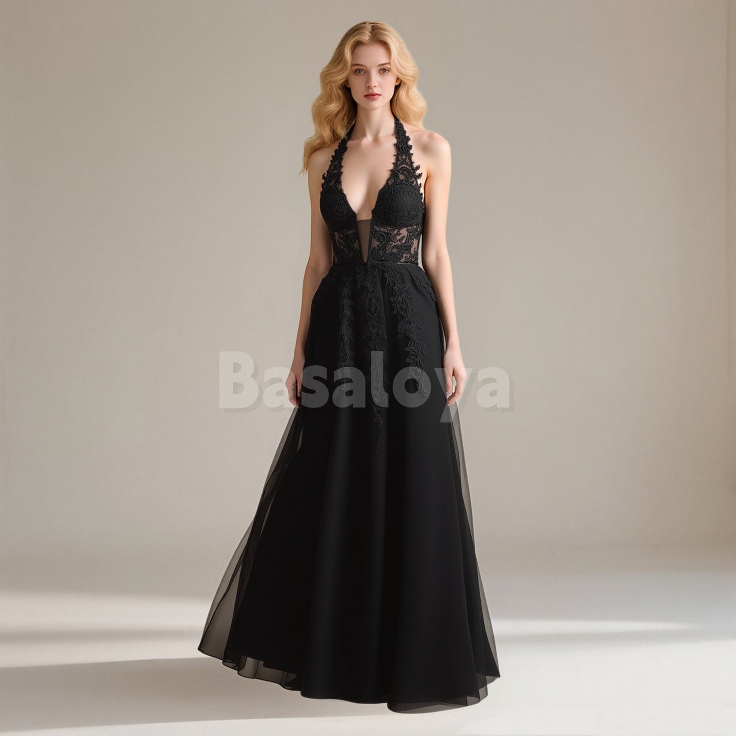 SP0266 Gorgeous Black Halter V-Neck A-Line Long Prom Dress with Appliques