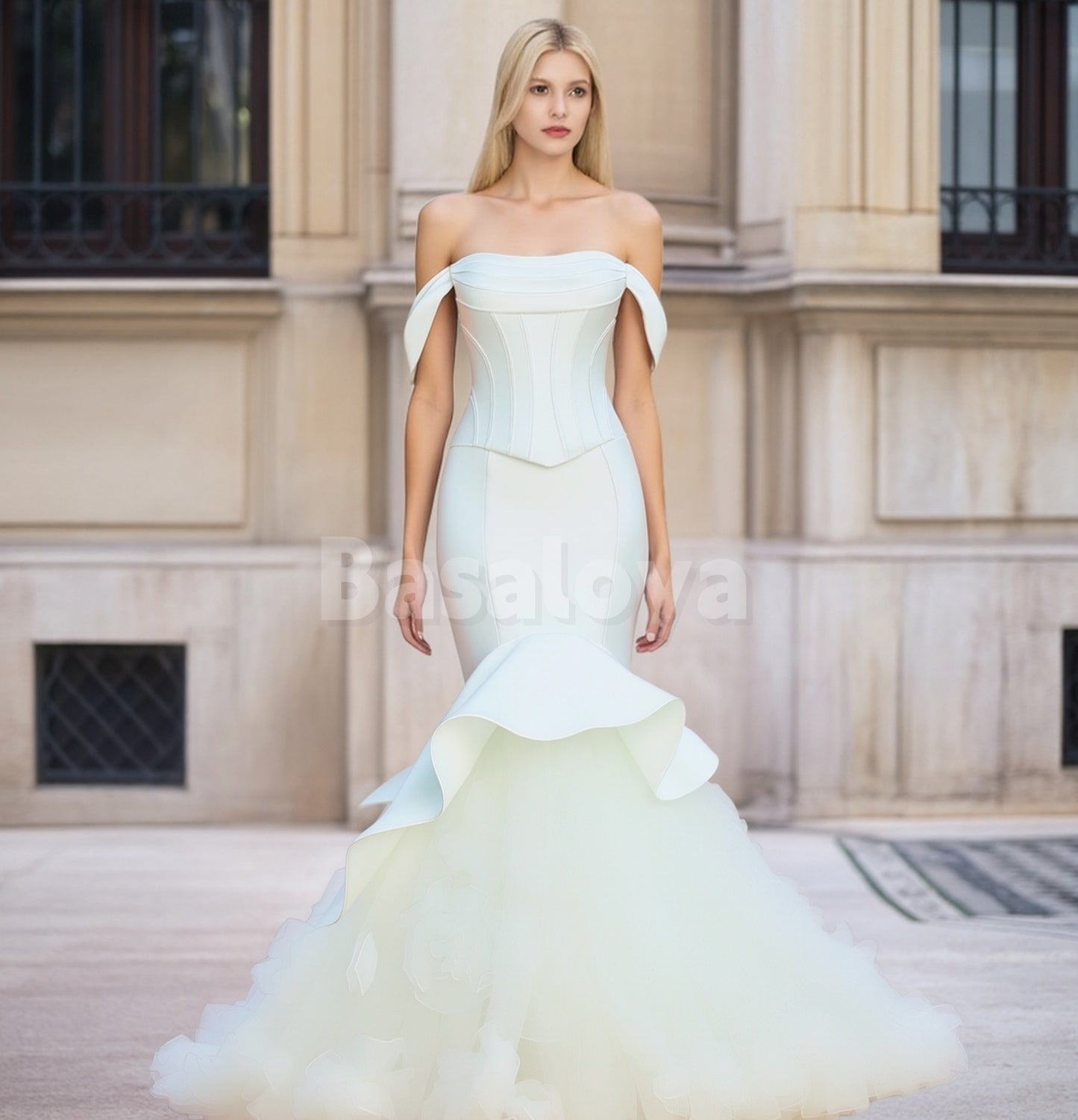 SP0267 Luxury White Off Shoulder Mermaid Prom Dress with Pleated Train