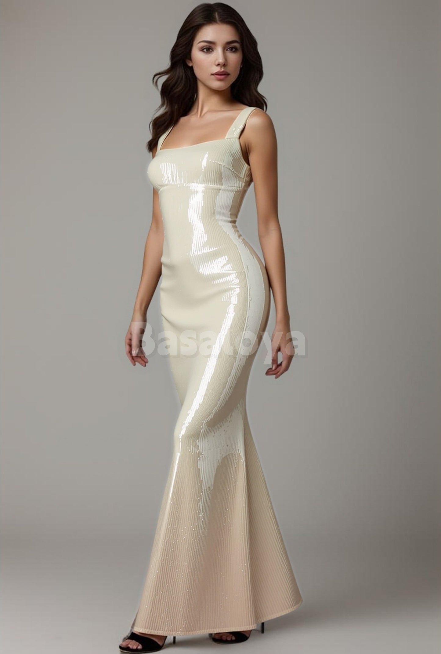 SP0271 Sparkly Beige Square Neck Mermaid Sequin Prom Dress Party Gown