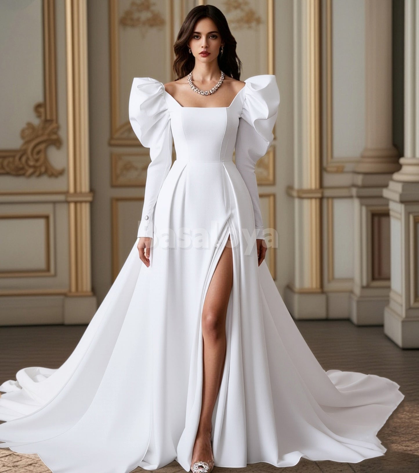 WD0143 Gorgeous White Square Neck Long Sleeves A-Line Wedding Dress