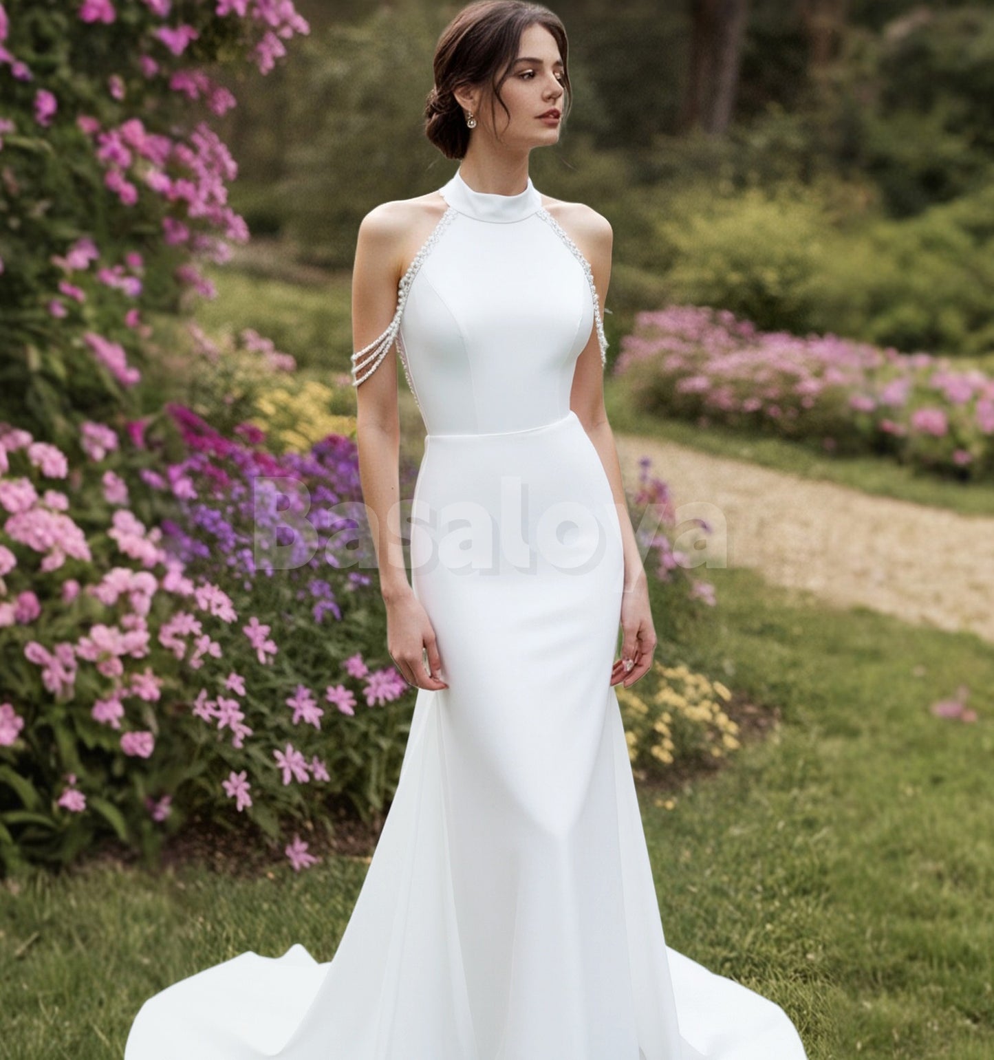WD0144 Luxury White Halter Neck Mermaid Tassels Wedding Dress with Train