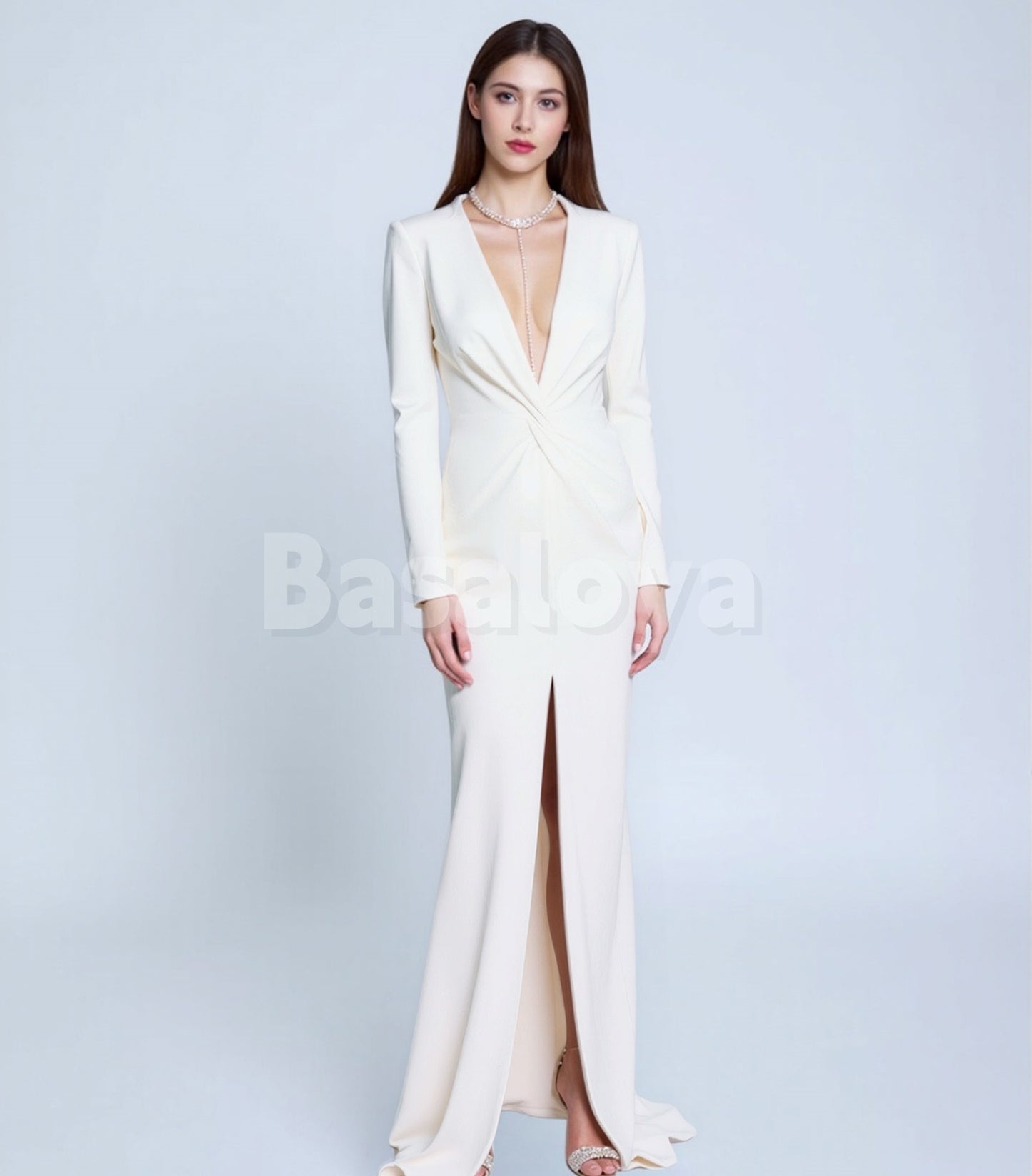 WD0151 Classic Deep V-Neck Long Sleeves Ruched Satin Wedding Dress