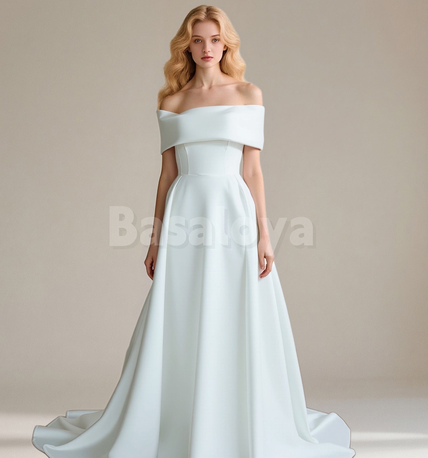 WD0152 Elegant White Off-Shoulder A-Line Pleated Satin Wedding Gowns