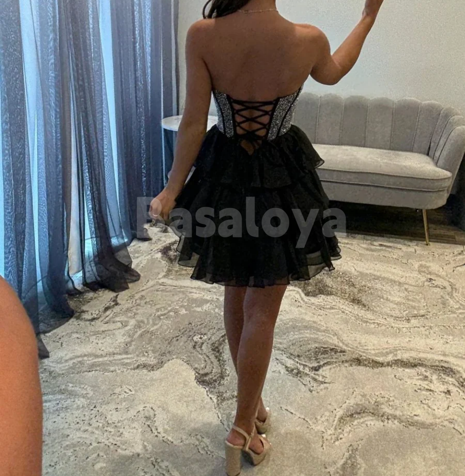 HM0050 Luxury Beaded Black A-Line Tiered Mini Homecoming Dress