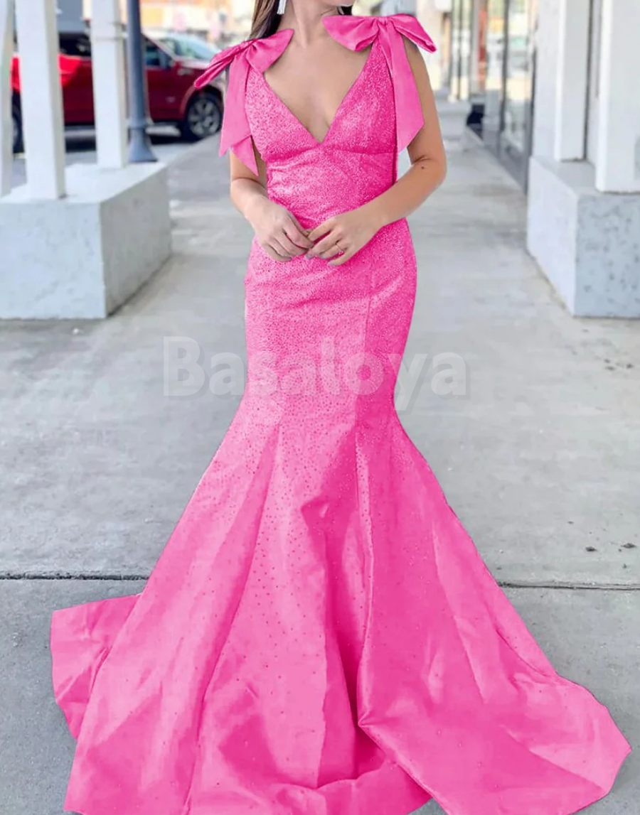 SP0180 Luxury Beaded Yellow V-Neck Mermaid Bow Evening Prom Dress with Train