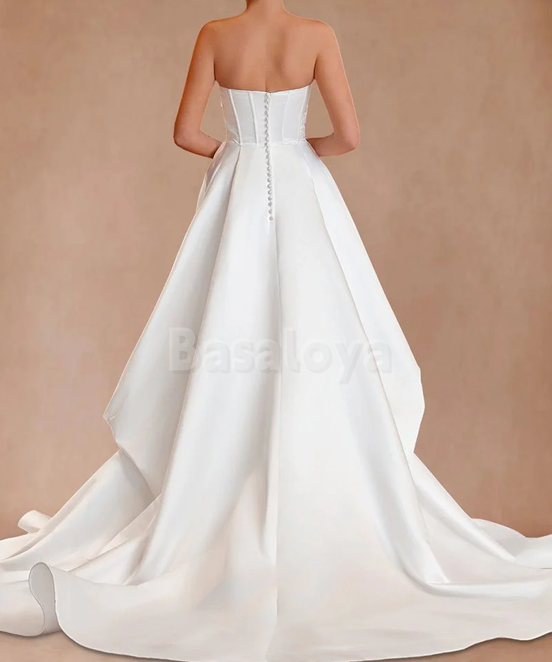 WD0062 Classic White Strapless A-Line Side Slit Wedding Gown with Overskirt