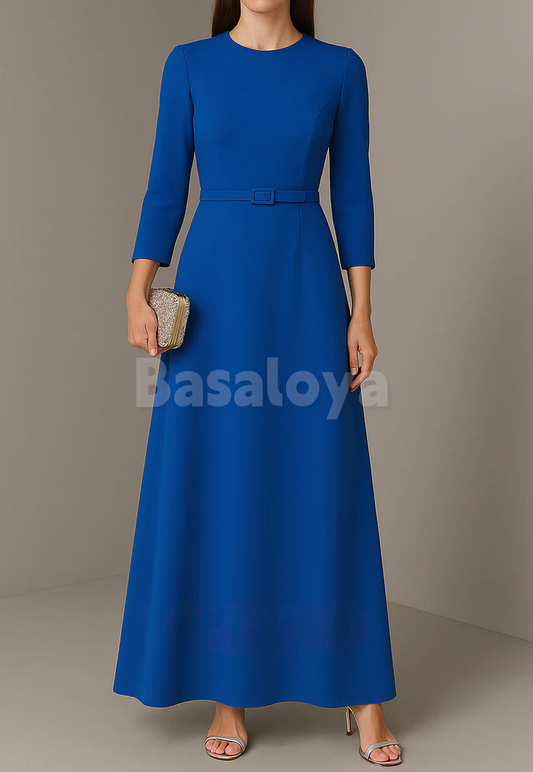 ED0068 Classic Royal Blue Long Sleeves A-Line Evening Dress with Belt