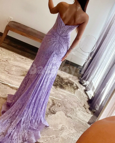 SP0141 Elegant Lilac Strapless Bodycon Lace Appliques Prom Dress with Slit