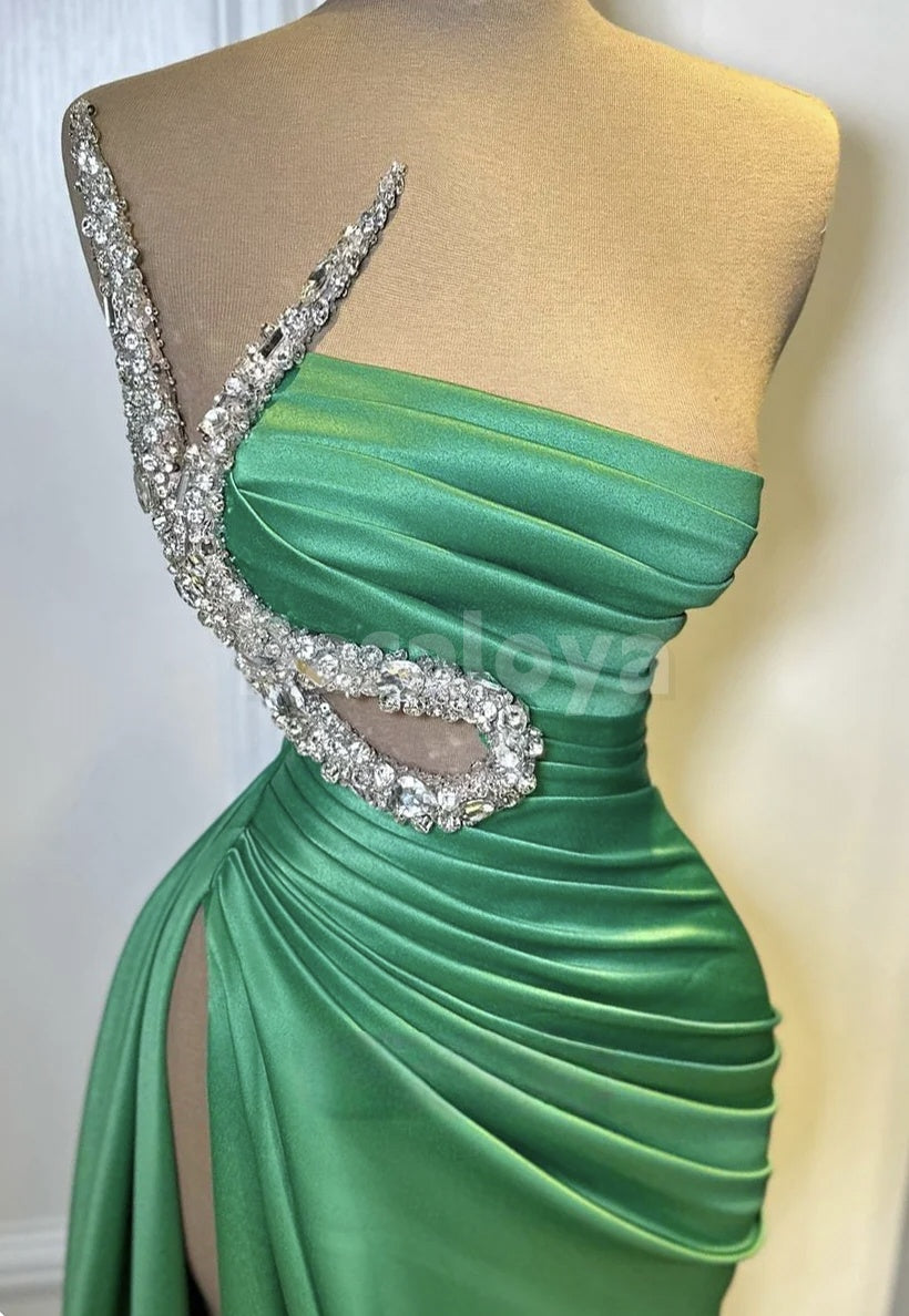 ED0098 Elegant Crystal Asymmetrical Neck Sheath Pleats Evening Gown with Slit